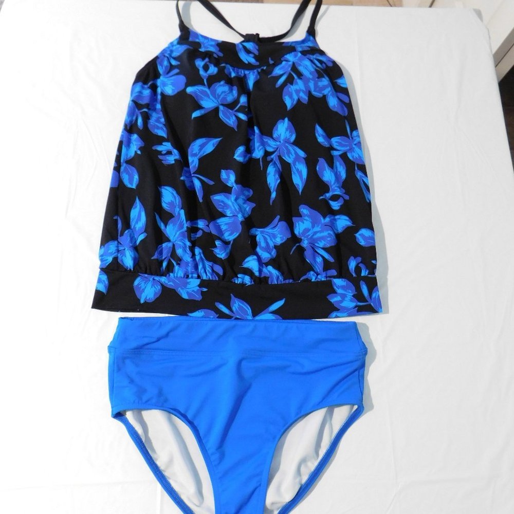 Lands End Tankini Swimsuit Royal Blue & Black Two Piece